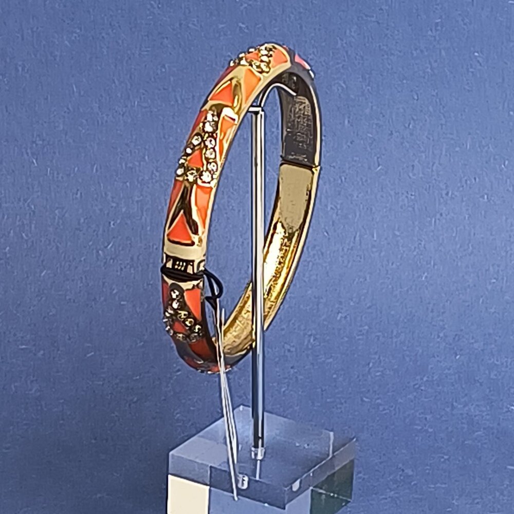 Abstract Geo Bright Orange Enamel Hinge Bangle Clamper Bracelet Gold Tone